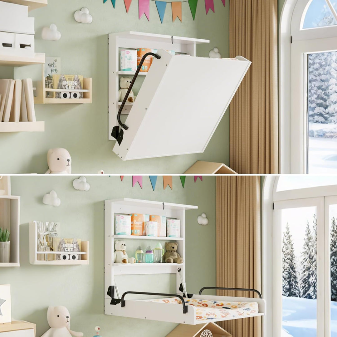MSFE Wickelkommode Wickeltisch Klappbar, Baby Changing Table Wandwickeltisch mit 3 Regalfächern, Wic