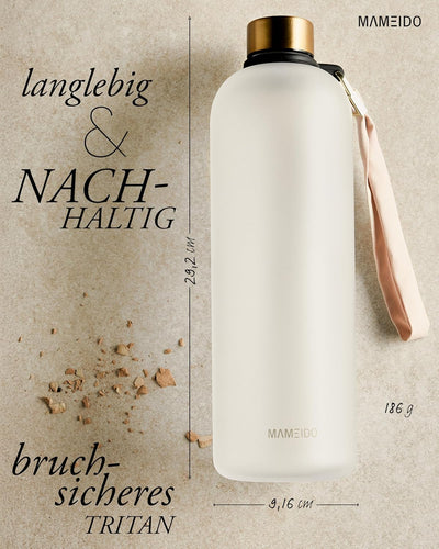 MAMEIDO Trinkflasche 1,5l & 1l Kohlensäure geeignet, auslaufsichere Trinkflasche mit Zeitmarkierung