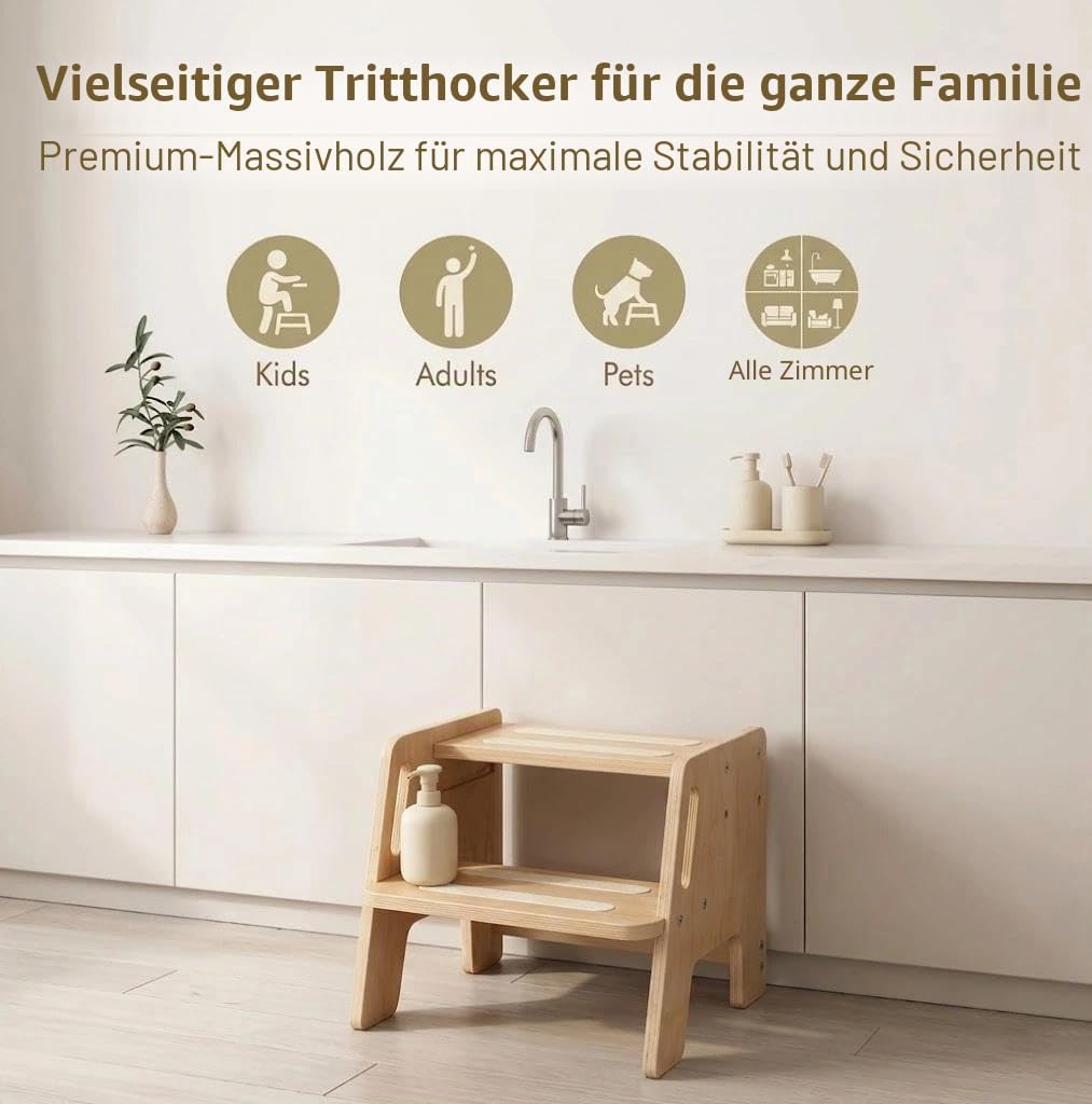 Tritthocker,Trittstuhl,Tritthocker Holz mit 2 Stufen Stufen Fussbank mit Sicherheitsgriffen,Belastba