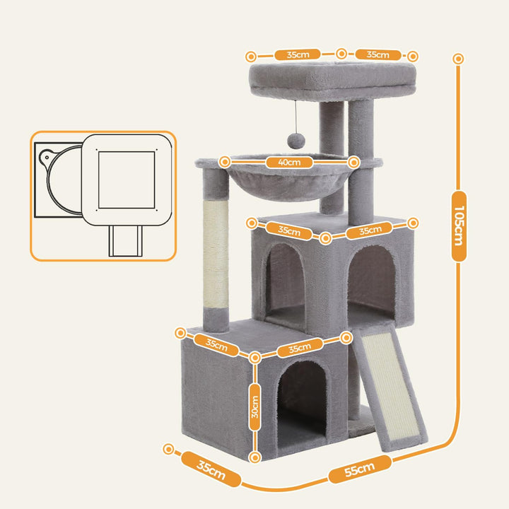 PETEPELA Kratzbaum 104cm Katzenbaum mit 2 geräumigen Höhle für Wohnungskatzen, Katzenhaus mit bequem
