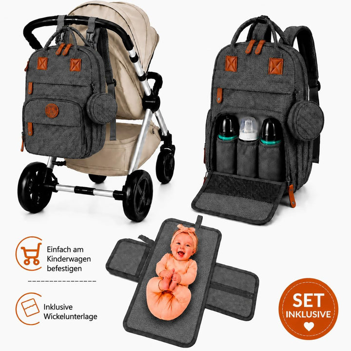 Wickeltasche Baby Wickelrucksack Set mit Wickelunterlage &amp; Kinderwagenbefestigung, grosser wasserabw