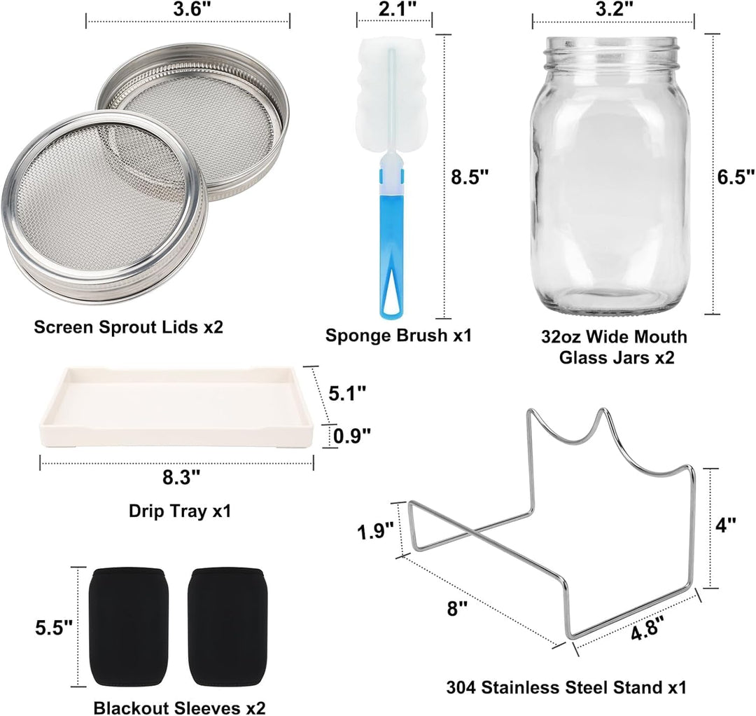 Sprossenglas, Sprossen Keimglas 2er Set, Sprouting Jar mit Deckel, Sieb & Abtropfschale, Sprossen Ke