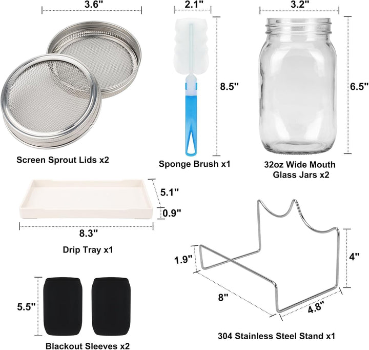 Sprossenglas, Sprossen Keimglas 2er Set, Sprouting Jar mit Deckel, Sieb & Abtropfschale, Sprossen Ke