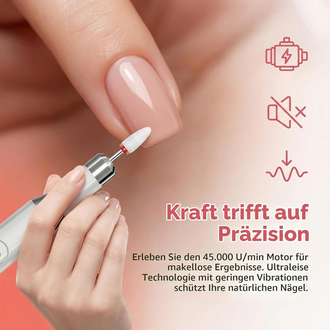 Elektrischer Nagelfräser Kabellos, 45000 U/min Professionelles Nagelfeile Set für Gelnägel &amp; Acrylnä