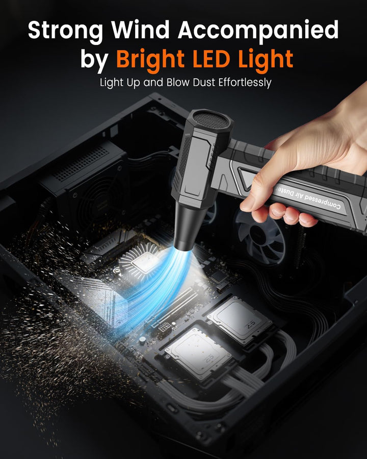 Elektrische Staubgebläse 200000 RPM - 4‑Stufen Air Duster Mini‑Gebläse mit Akku und LED‑Licht, Druck
