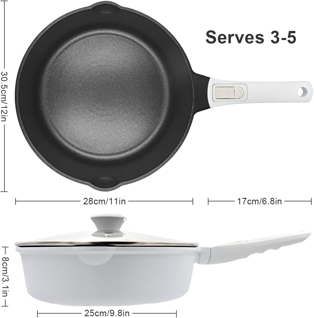 Pfanne 28cm mit Deckel, Aluminium Bratpfanne Hoher Rand mit Abnehmbarer Griff, Schmorpfanne 28 cm fü