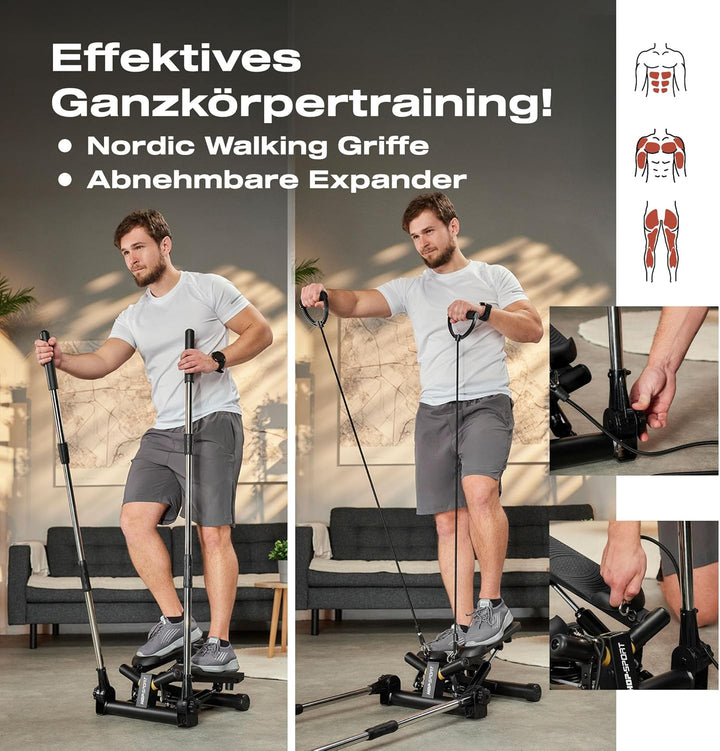 Hop-Sport Swing Stepper HS-050S Norg, Up-Down-Side-Stepper für Zuhause mit Haltegriffen, Expander &