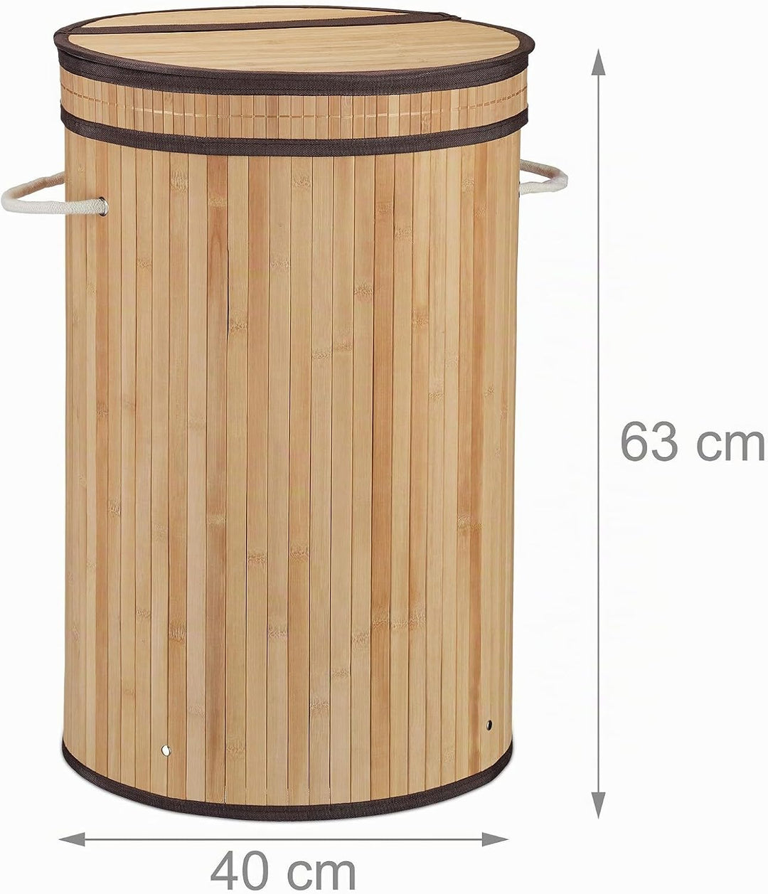 Relaxdays Wäschekorb Bambus, runder Wäschesammler mit Klappdeckel, 65 l, faltbare Wäschetonne, rund