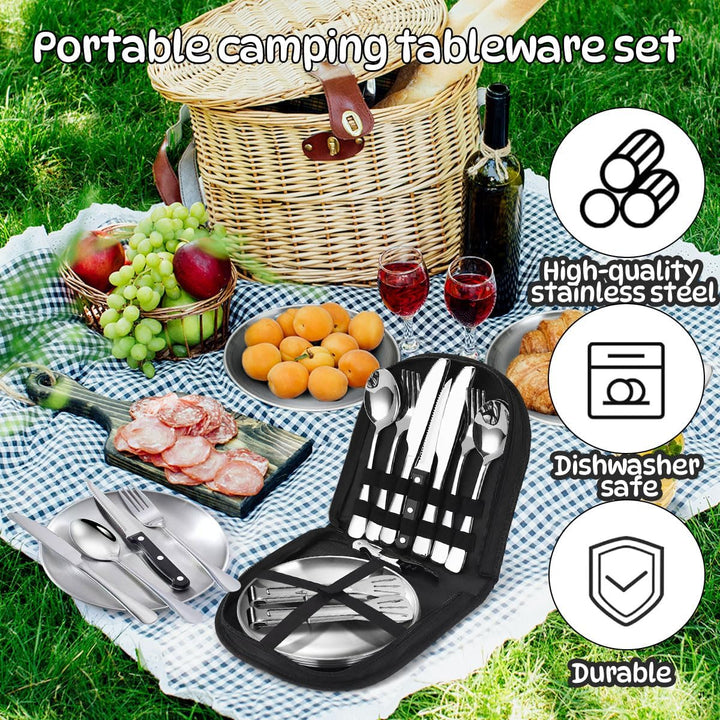 Camping Geschirr Set, Camping Besteck Edelstahl Inklusive Bestecktasche Edelstahl-Gabeln, Messer und