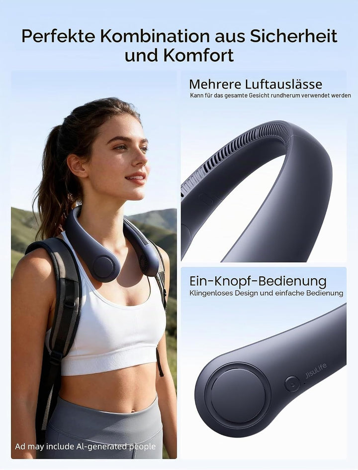 JISULIFE Persönliche Nackenventilator, USB Wiederaufladbarer Tragbarer Halsventilator mit 4000mAh AK