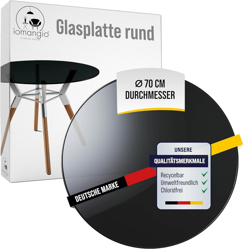 iomangio® Glasplatte Rund Ø 70cm Durchmesser Schwarz - Glasscheibe aus gehärtetem ESG Glas 8mm Dick
