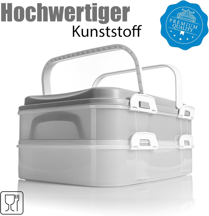 BigDean Partycontainer mit 2 Etagen und Hebeeinsatz in Pastell Grau – für Backwaren, Snacks &amp; Kuchen