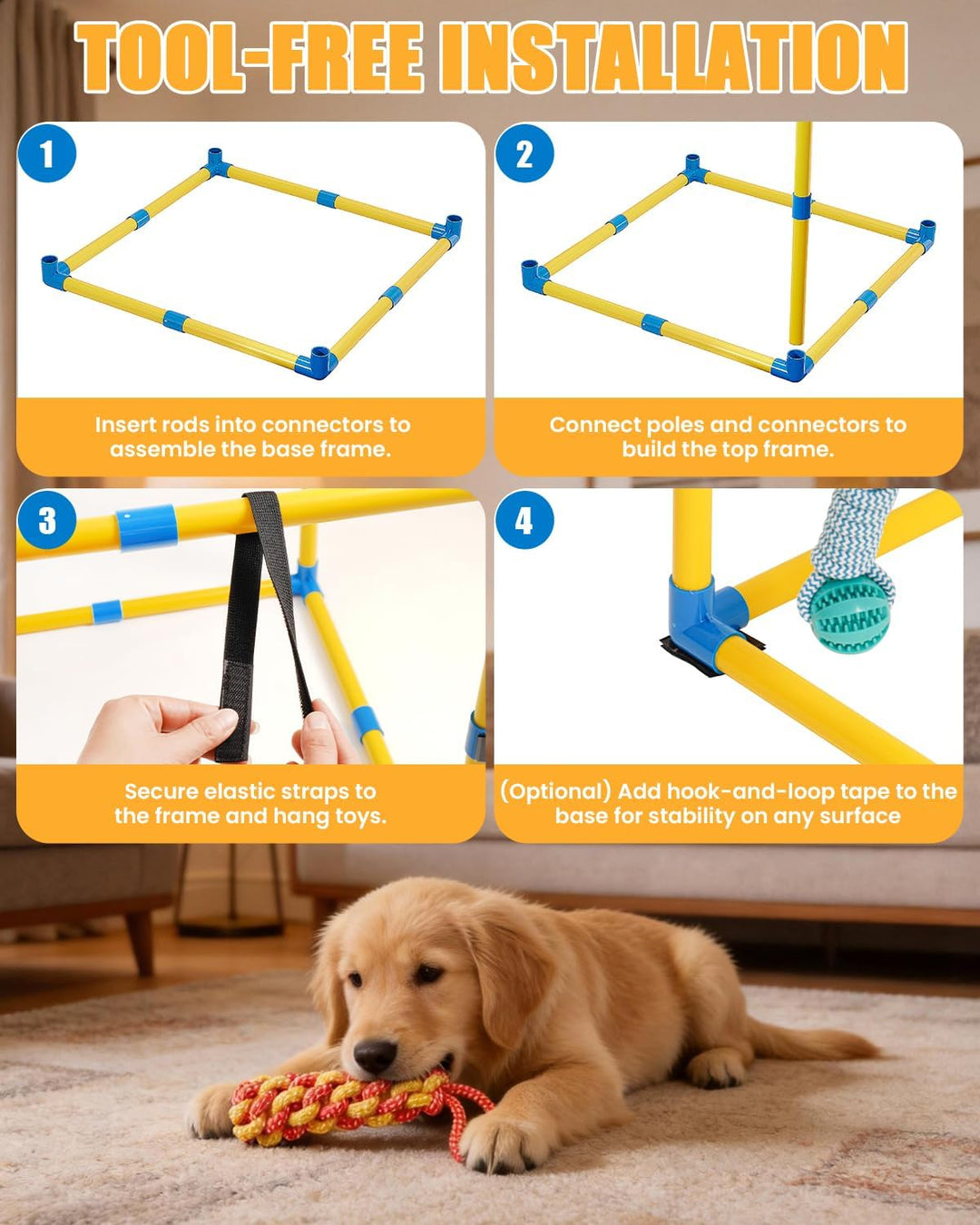 Welpen Spielgym für Kleine Hunde, 60 x 60 cm mit 12 Hängespielzeugen | Indoor Hundespielplatz mit An