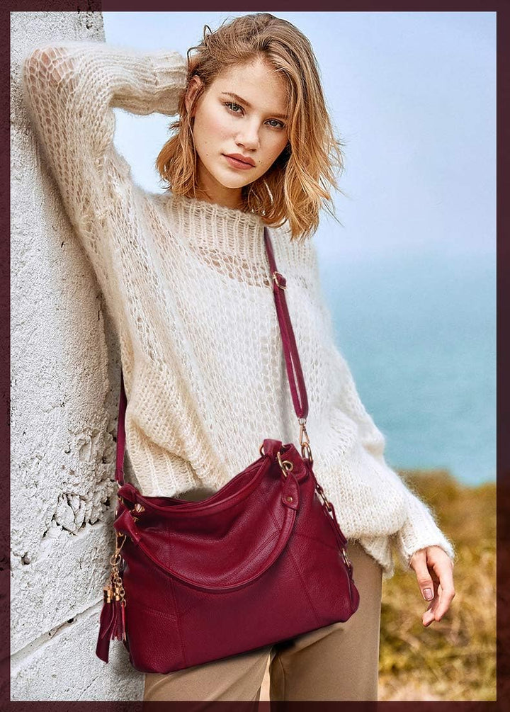 Kris Anna Hobo Quaste Damen Schultertaschen Handtasche Weinrot, Weinrot