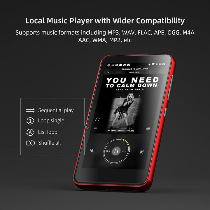 MP4 MP3-Player mit Bluetooth und WLAN, 4"-Voll-Touchscreen, mit Spotify, Android-Streaming-Musikplay