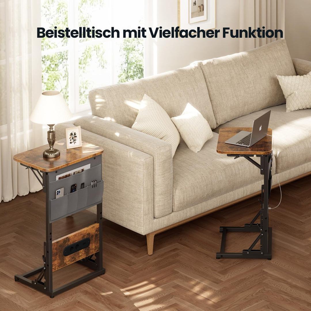 HLONONE Beistelltisch C Form, Klappbarer Sofatisch mit Steckdosen, Couchtisch mit Metallrahmen für S