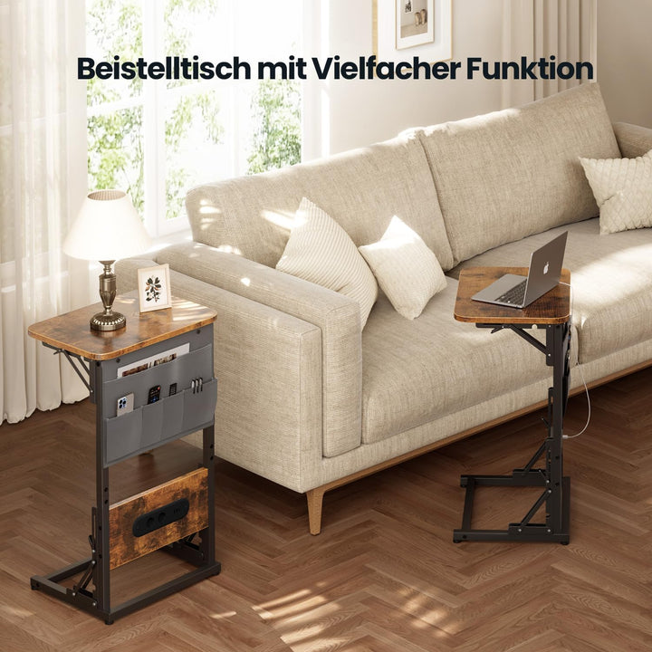 HLONONE Beistelltisch C Form, Klappbarer Sofatisch mit Steckdosen, Couchtisch mit Metallrahmen für S