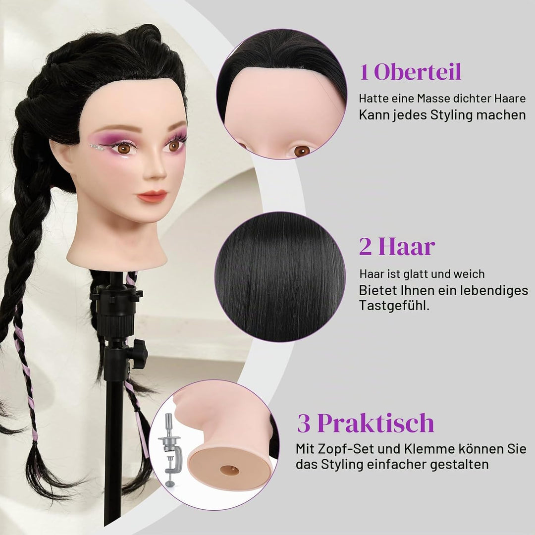 Frisierkopf 24 Zoll 50% Echthaar Übungskopf Puppenkopf zum Frisieren Trainingsköpfe für Friseure Aus
