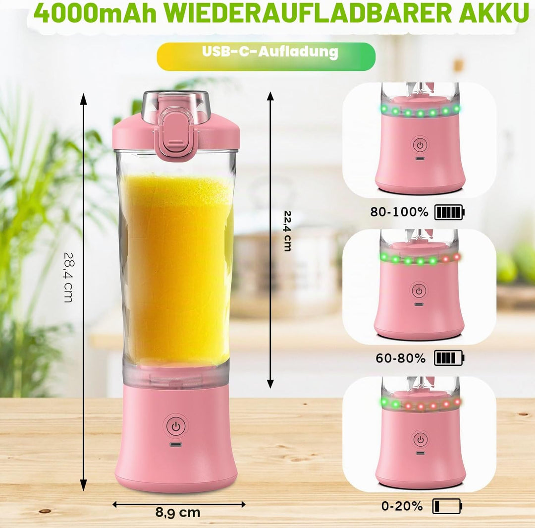 Tragbarer Mixer Smoothie Maker - 600ml Mini Standmixer to Go - 6 Klingen, Reisedeckel und Isolierte