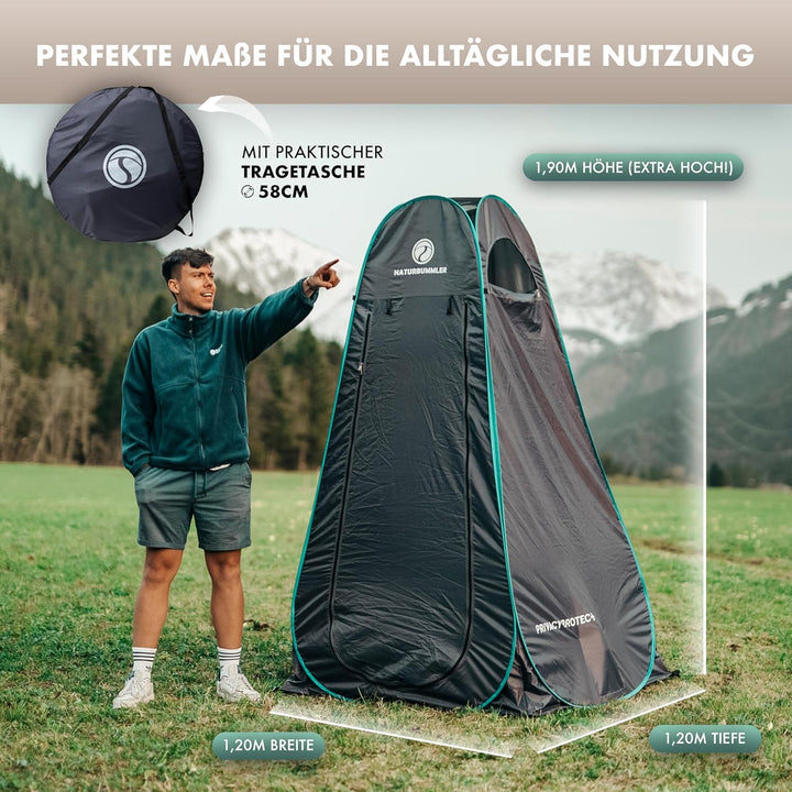 NATURBUMMLER Duschzelt Pop-Up [Privacy Protec+] wasserdicht & Blickdicht mit 5 Taschen & Boden (1,9