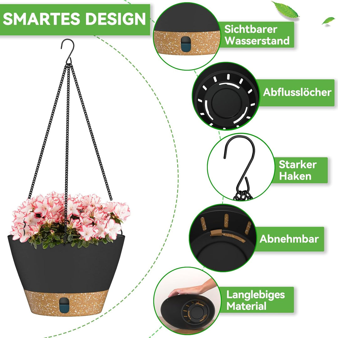 ZMTECH Hängetopf für Pflanzen, 25cm Blumentopf Ampel Hängend, Kunststoff Hänge Blumentopf mit Unters