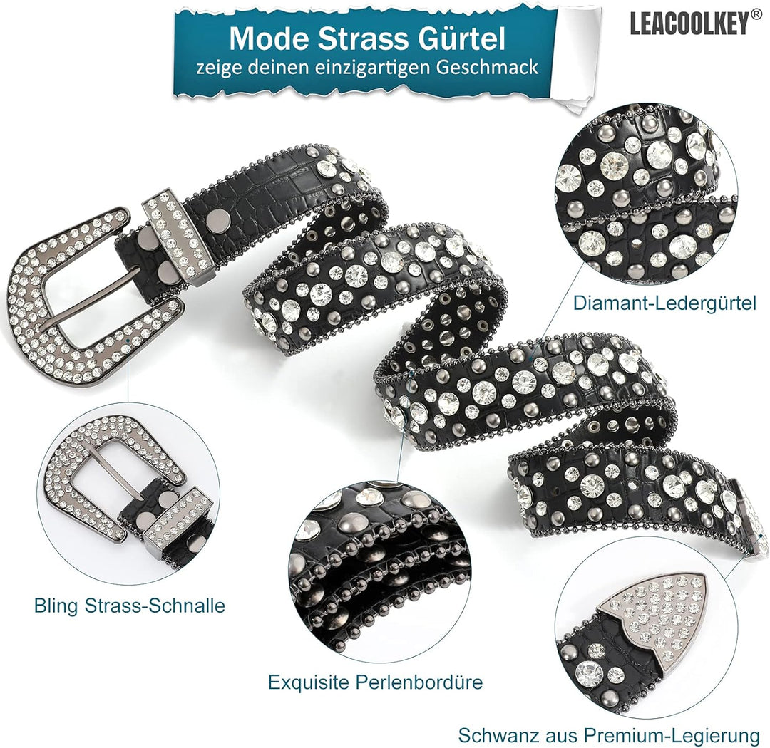 LEACOOLKEY Damen Männer Mode Strass Gürtel, Western Cowgirl Nieten Punk PU Ledergürtel für Jeans, A-
