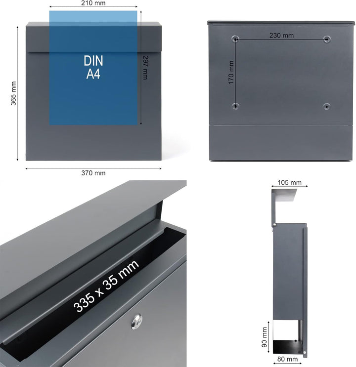 Wiltec Designer Briefkasten V49 anthrazit 370 x 105 x 370 mm, Wandbriefkasten mit Schloss und Zeitun