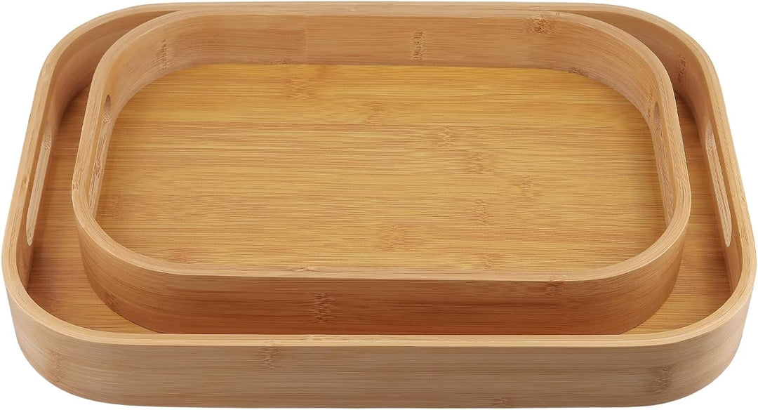 FUNSUEI 3er Set Bambus Serviertablett, Tablett Serviertablett Holz mit Griffen, 2 Grössen Rechteckig