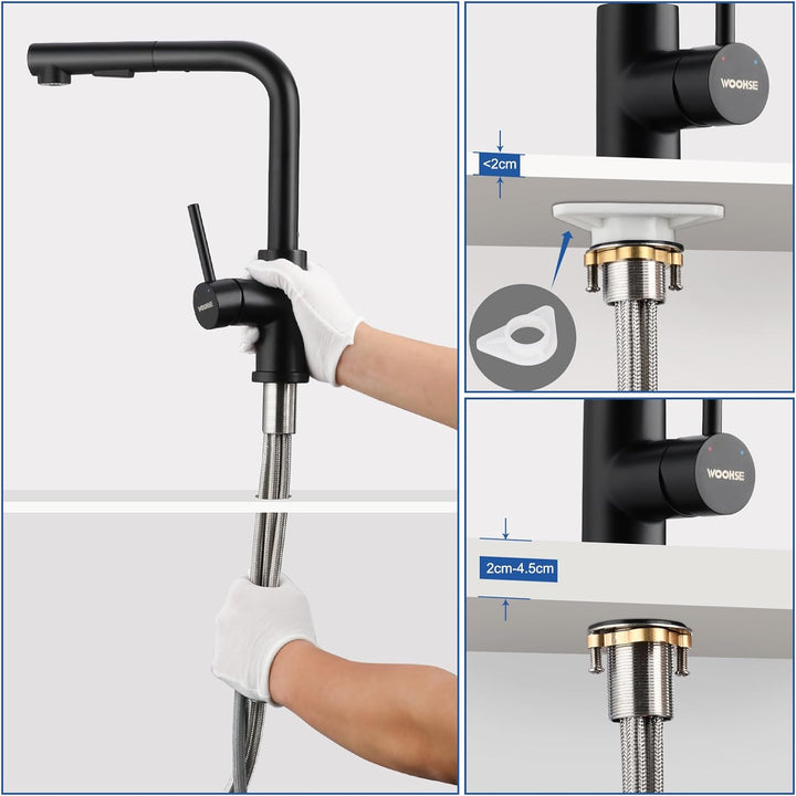 Niederdruck Armatur Küche Ausziehbar, WOOHSE Wasserhahn Küche Schwarz mit Brause 2 Strahl, 360° Dreh