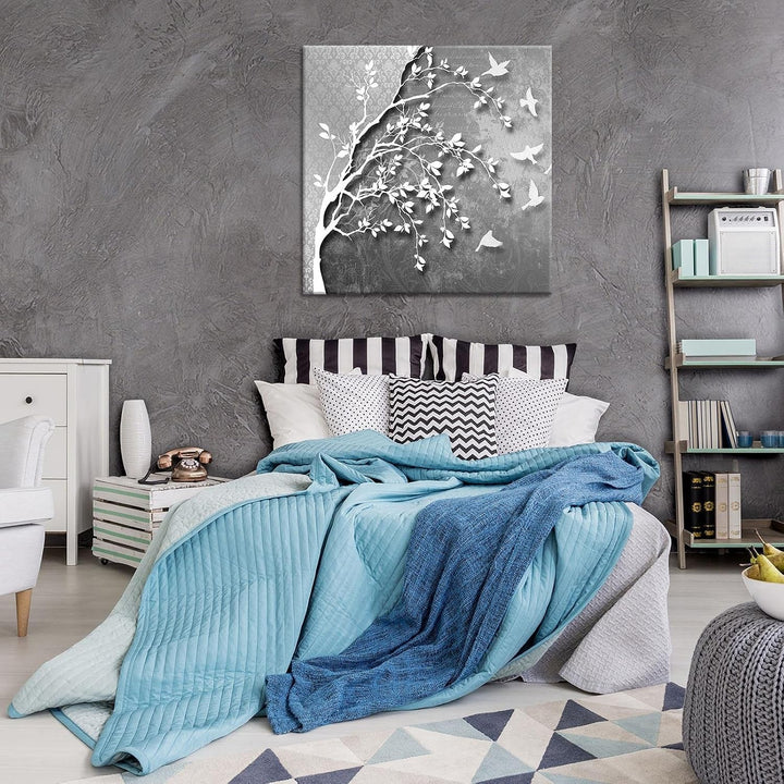 Forwall Leinwand Bilder 80x80 cm | Silber Baum Vögel, Leinwandbilder, Bild auf leinwand, Format: 80x