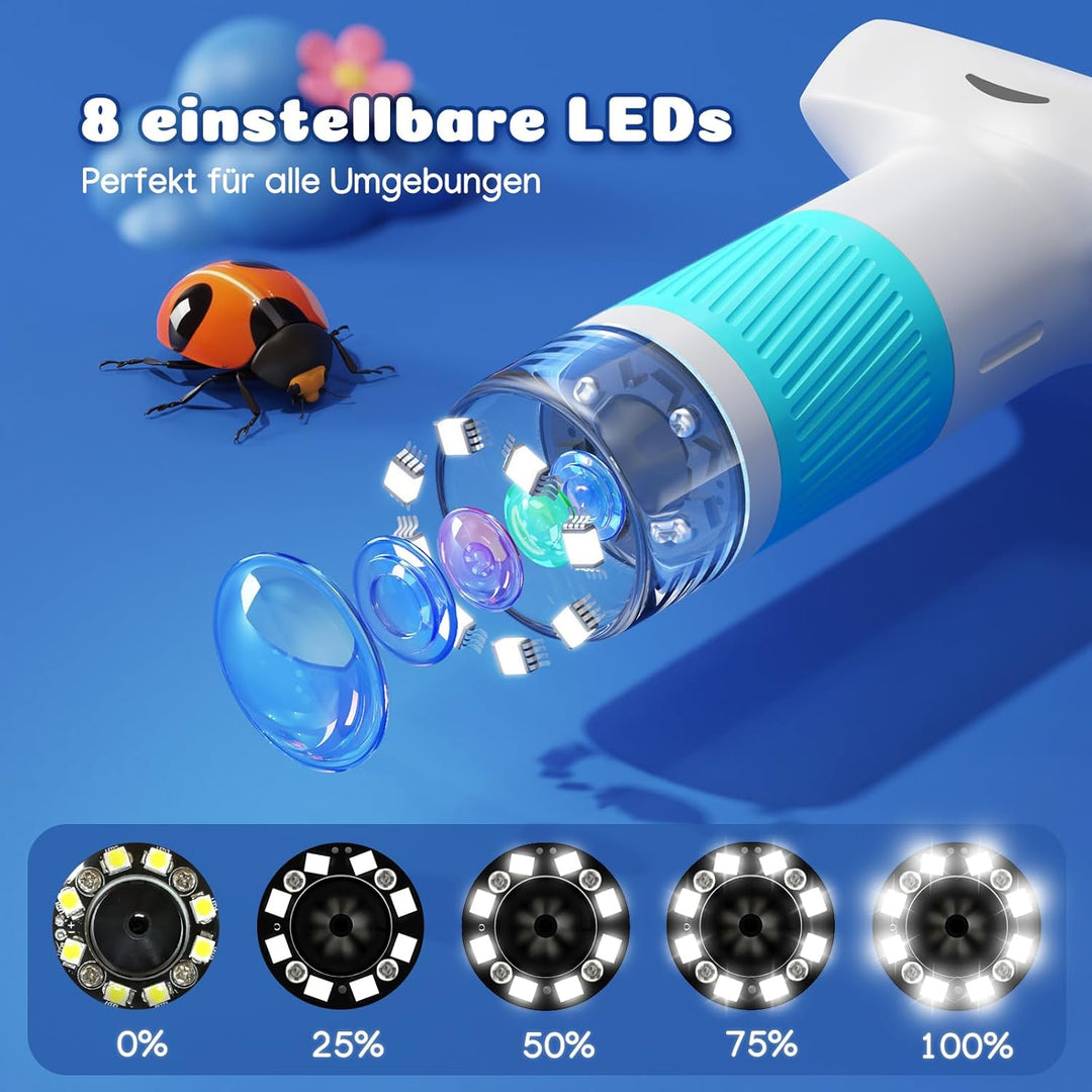 Tragbares Kinder Mikroskop, 1000x Digitales Mikroskop für Kinder mit 8GB Karte, 2 Zoll IPS Bildschir