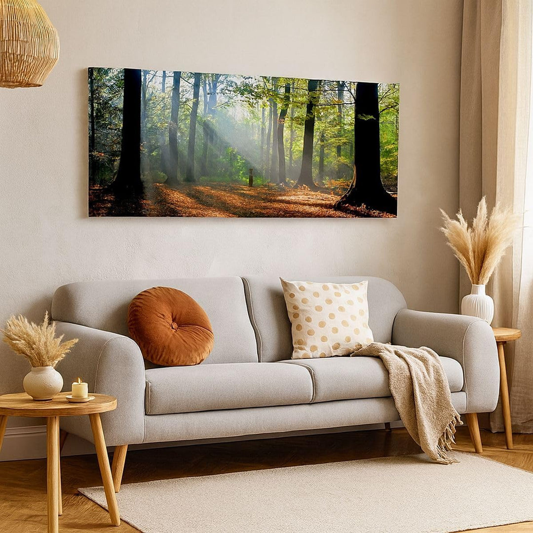 Wandbilder Dekoration Wohnzimmer Wald Blätter Sonne Panorama Bilder auf Leinwand 120x50cm Leinwandbi