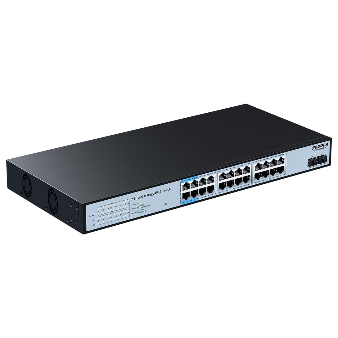 SODOLA 24-Port 2,5Gbit PoE+ Switch – Smart Managed mit 2x10G SFP+, 500W Gesamtleistung & 1U-Rackmont