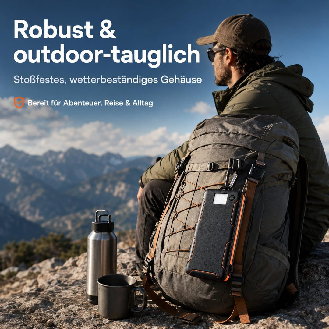 Solar Powerbank 36.800mAh, 4 Solarpanels, 15W Schnellladen, USB-C & QC 3.0, LED-Taschenlampe, Outdoo