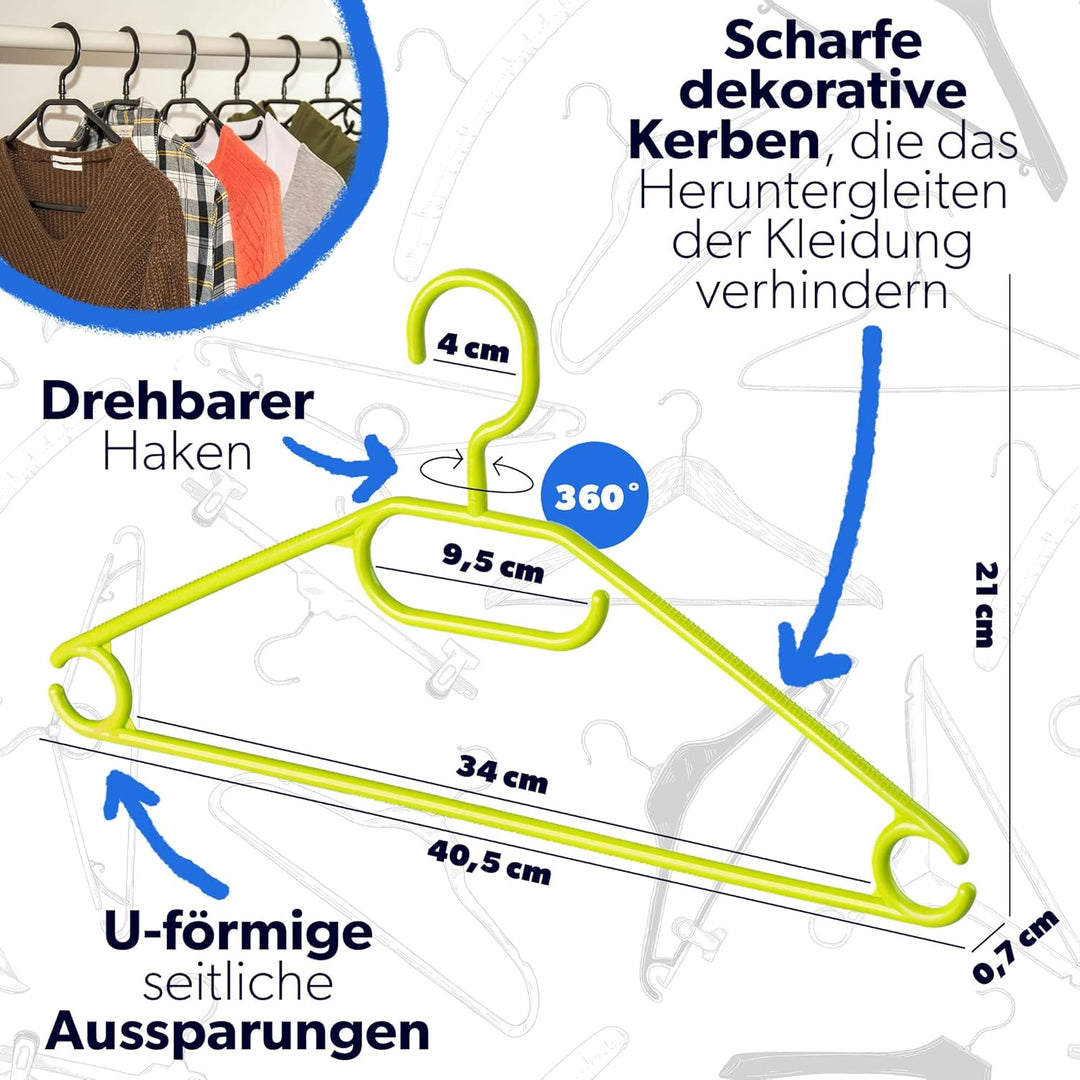 KADAX Kleiderbügel aus Kunststoff, 5 Stück, 360°drehbarer Haken, eingekerbte Schultern, Hosensteg, p
