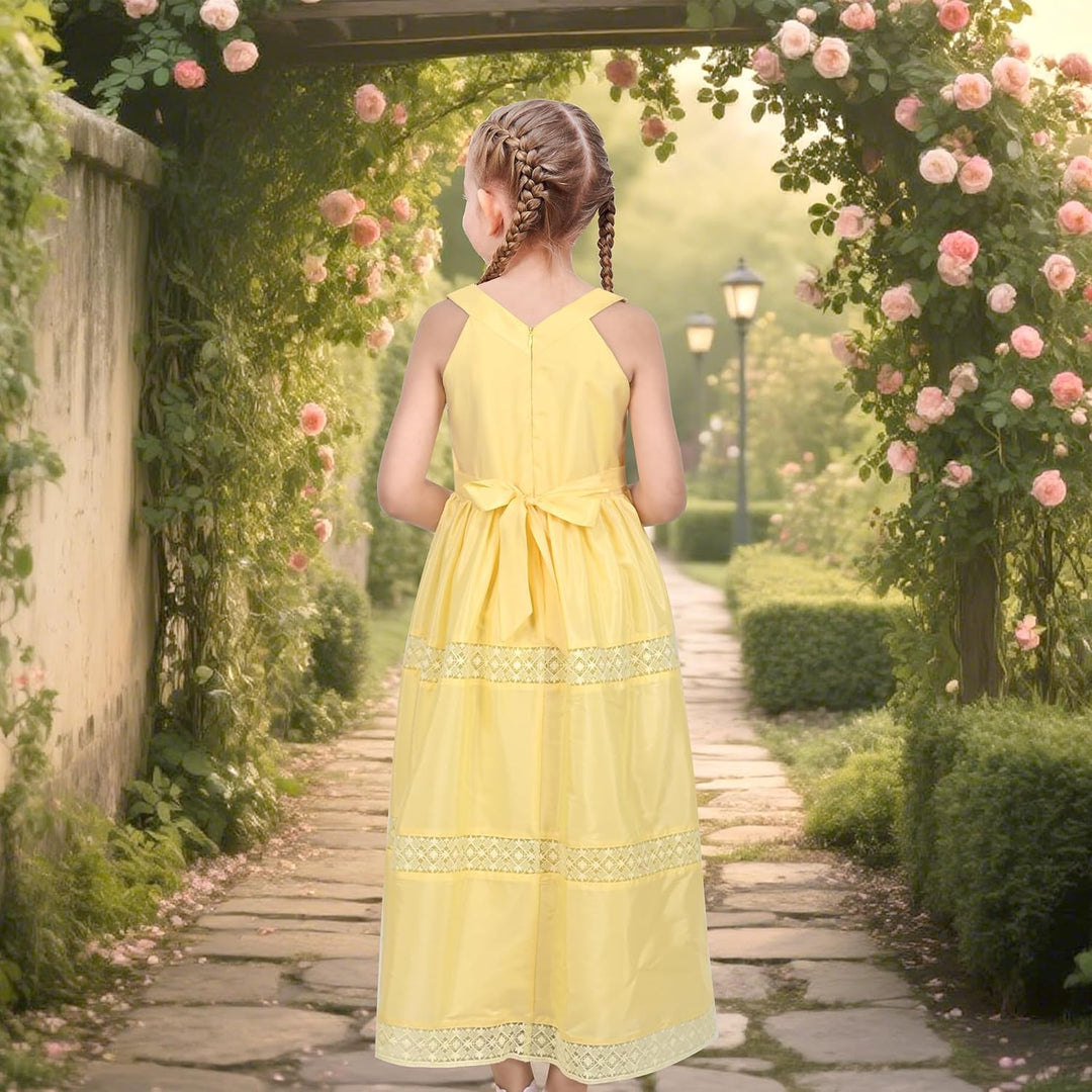 Sunny Fashion Mädchen Kleid Blume Schnüren Saum Hochzeit Erstkommunion Gr. 110-158 122 Gelb, 122 Gel