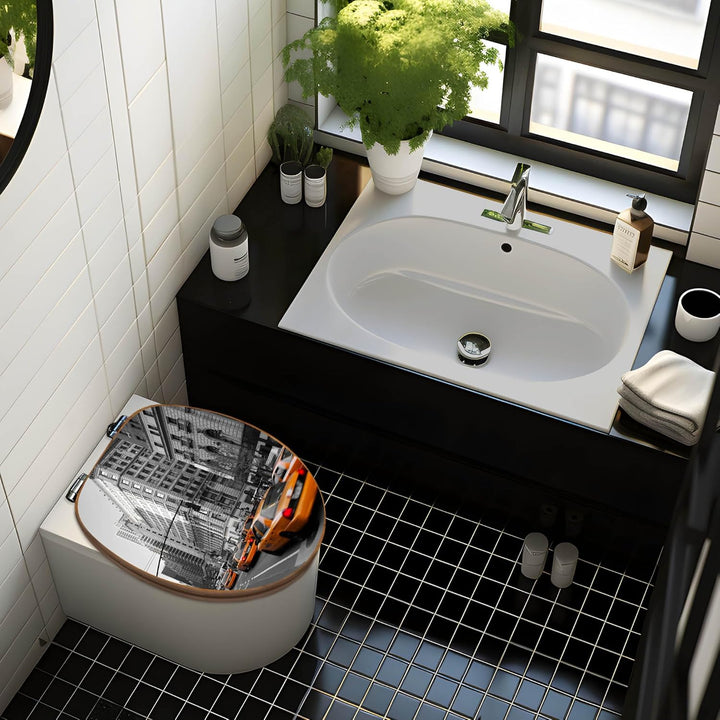 banjado® Design WC Sitz Bambus Absenkautomatik mit Motiv Taxi NY/Toilettendeckel mit Absenkautomatik