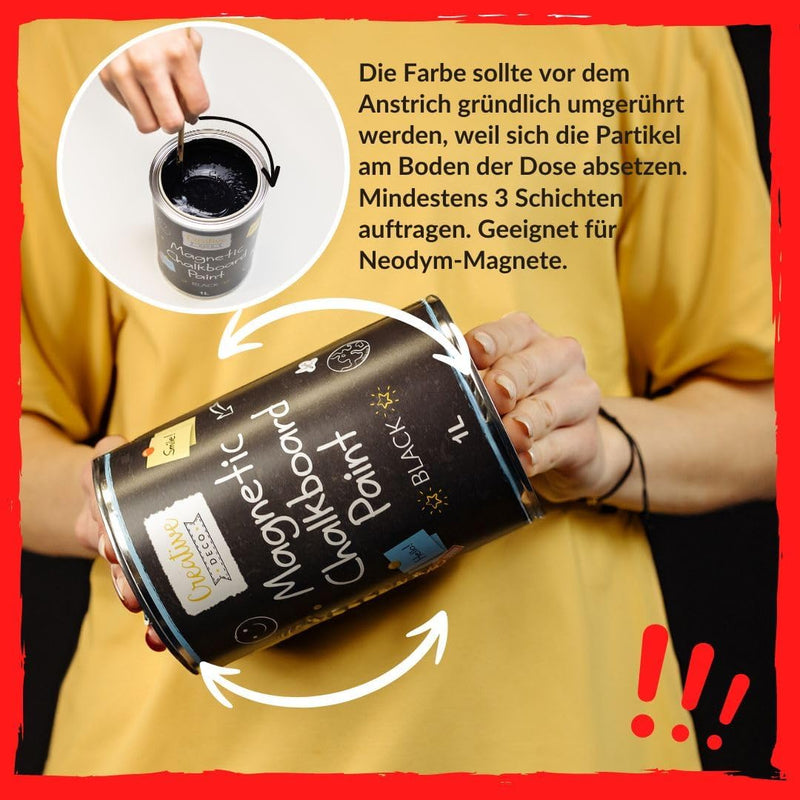 Creative Deco Magnetisch Schwarz Wandfarbe Kreidefarbe Tafelfarbe | 1000ml | 2 m² Effizienz mit 3 Sc