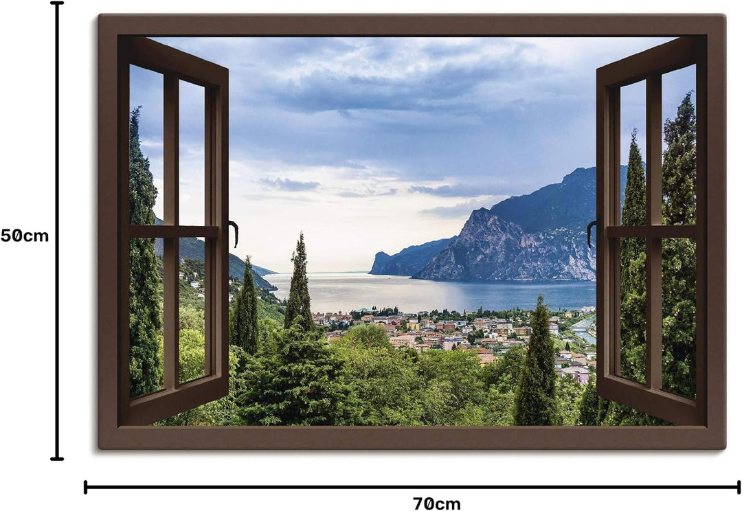 ARTland Leinwandbilder Wandbild Bild Leinwand 70x50 cm Querformat Fensterblick Gardasee Landschaft S