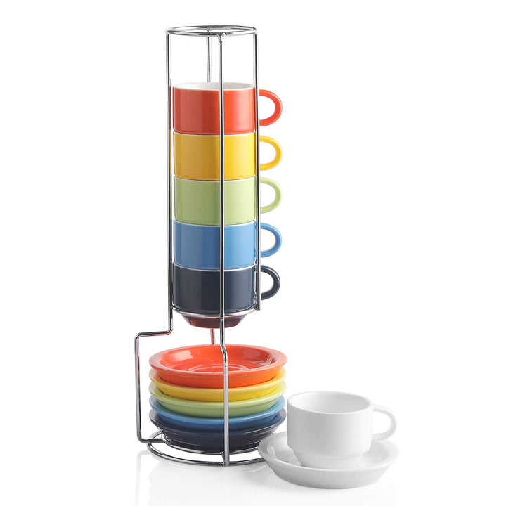 Sweejar Home Porzellan-Espresso-Tassen und Untertasse, stapelbar, mit Metallständer, 70 ml für Latte