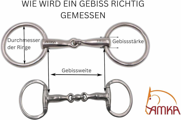 AMKA Knebeltrense Schenkeltrense doppelt gebrochen mit Kupferrolle Edelstahl Stärke 15 mm Ringe 45 m