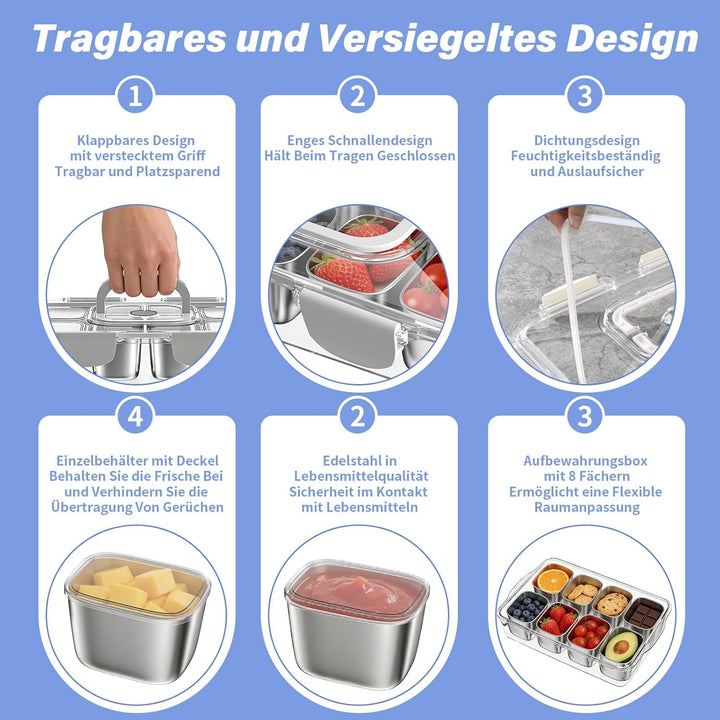 Snackbox Edelstahl mit 8 Fächern, Tragbar & Auslaufsicher Snackteller mit Deckel für Snacks, Süssigk