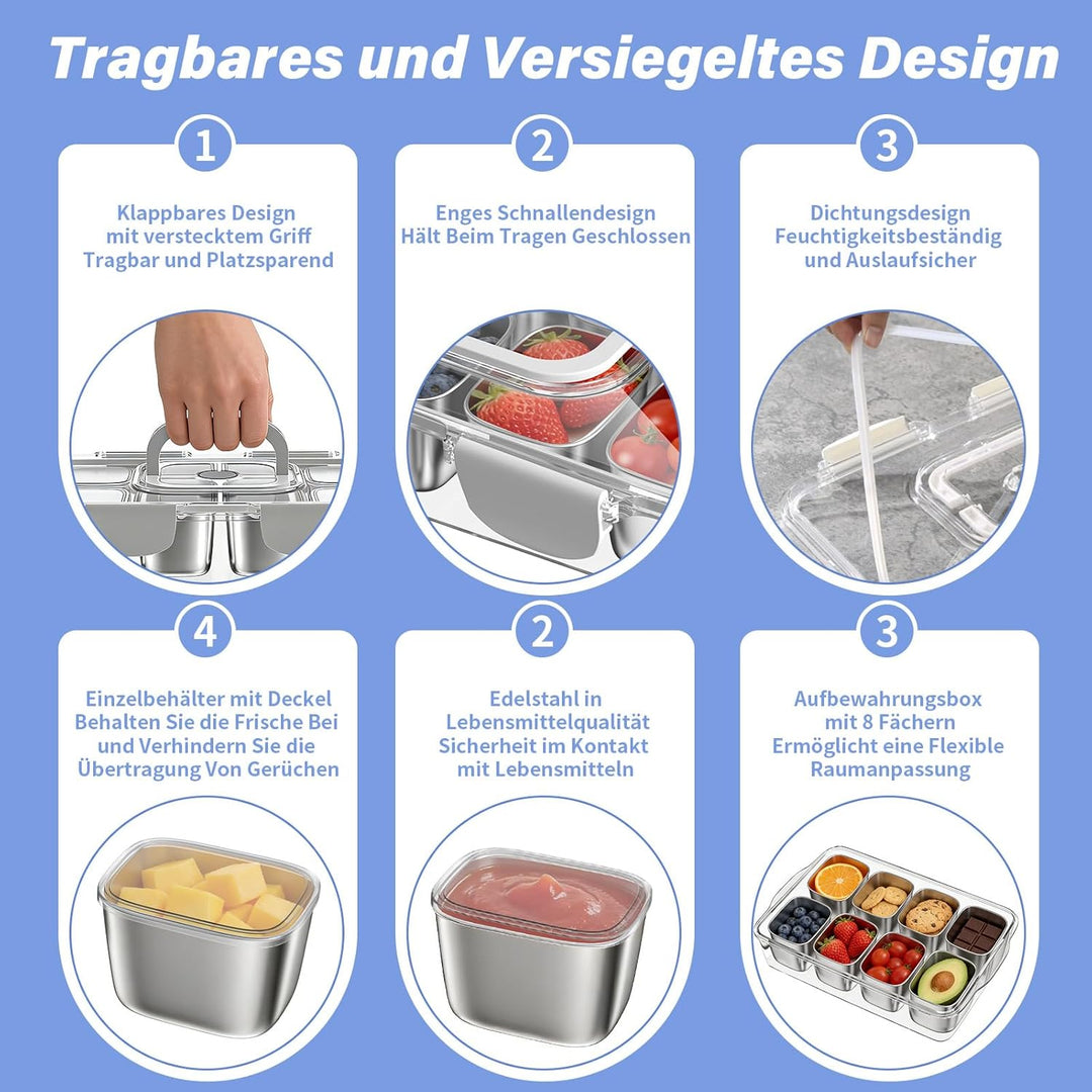 Snackbox Edelstahl mit 8 Fächern, 2 Stück Tragbar & Auslaufsicher Snackteller mit Deckel für Snacks,