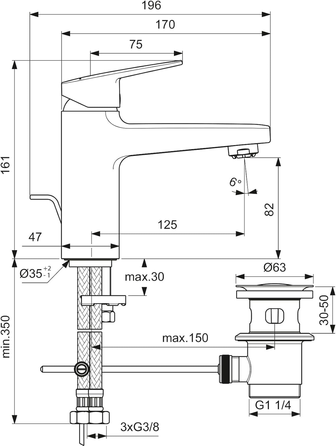Ideal Standard BD230AA Ceraplan Waschtischarmatur H90, mit Zugknopf-Ablaufgarnitur, Ausladung 12,4 c