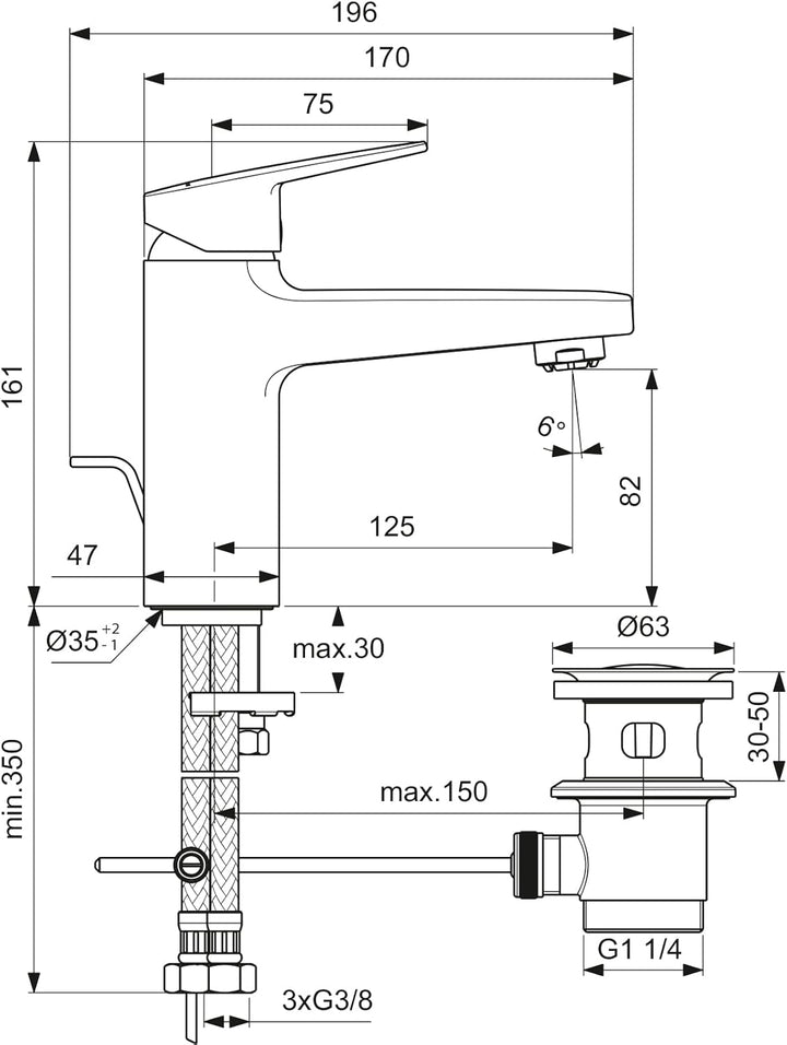 Ideal Standard BD230AA Ceraplan Waschtischarmatur H90, mit Zugknopf-Ablaufgarnitur, Ausladung 12,4 c