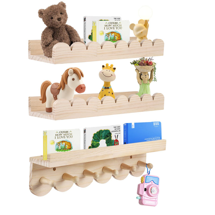 Wandregal Kinderzimmer 3er-Set aus Massivholz - Bücherregal mit 6 Haken für Bücher & Spielzeug - Mon