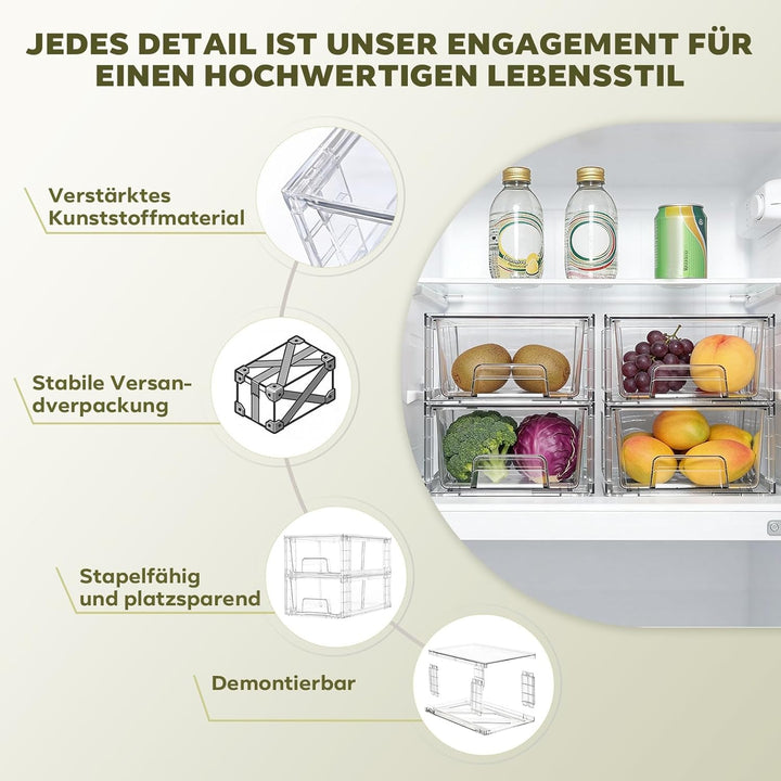 4er-Set Mittelgrosse Stapelbare Aufbewahrungsschubladen – Transparente Acryl-Organizer mit Griffen,