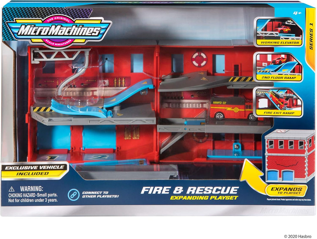 Micro Machines MMW0033 - Feuerwehrstation Spielset Fire and Rescue mit 1 exklusiven Fahrzeug Klassis
