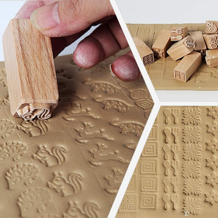 Atyhao Holz Ton Keramik Stempel, 16Pcs Keramik Werkzeuge Briefmarken Ton Dekorative Stempel Handgesc