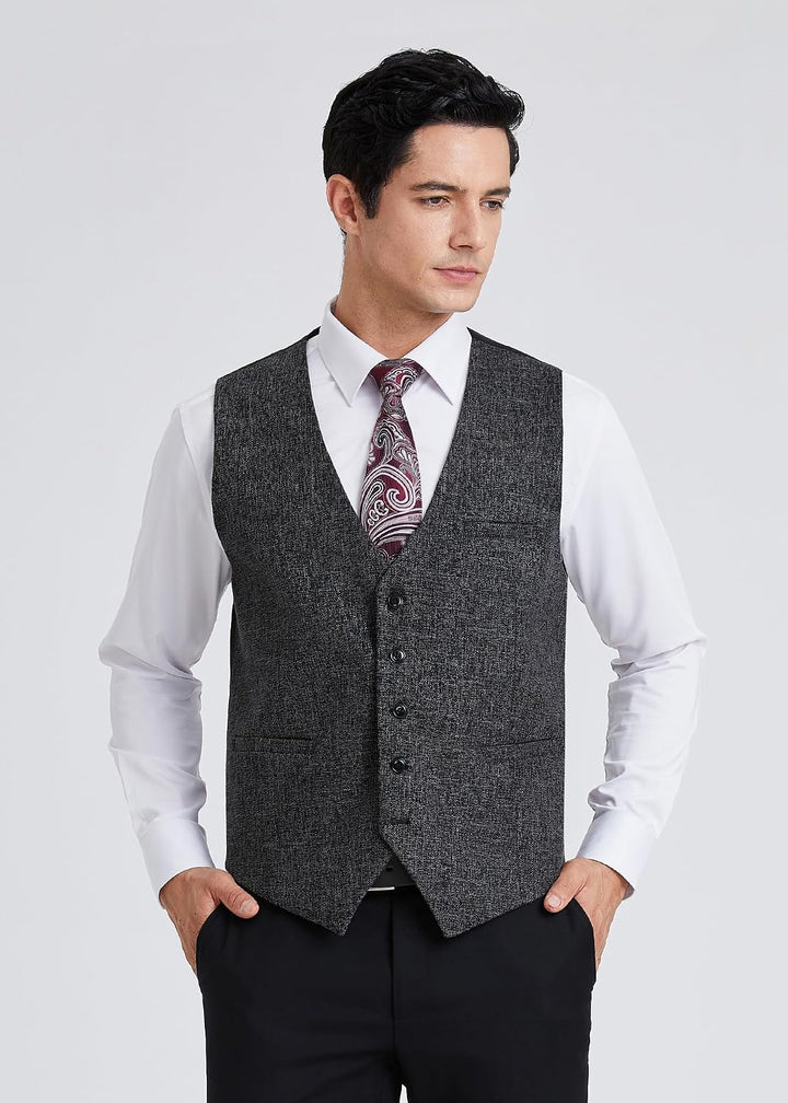 HISDERN Herren Anzugweste Formale Hochzeit Klassische Retro Baumwolle V-Ausschnitt Einfarbige Elegan
